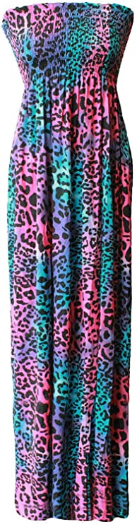 Plus Size Womens Printed Bandeau Strapless Shirred Ladies Long Maxi Dress