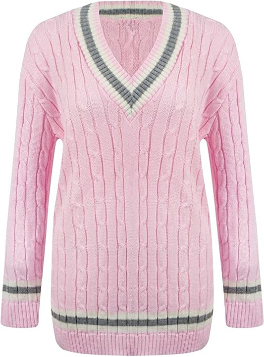 Womens New Long Sleeves Ladies Cable Knitted V Neck Stretch Cricket Sweater Jumper