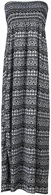 Plus Size Womens Printed Bandeau Strapless Shirred Ladies Long Maxi Dress