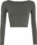 Load image into Gallery viewer, Womens Crop Long Sleeve T Shirt Ladies Short Plain Basic Round Neck Shirts Top 8-14
